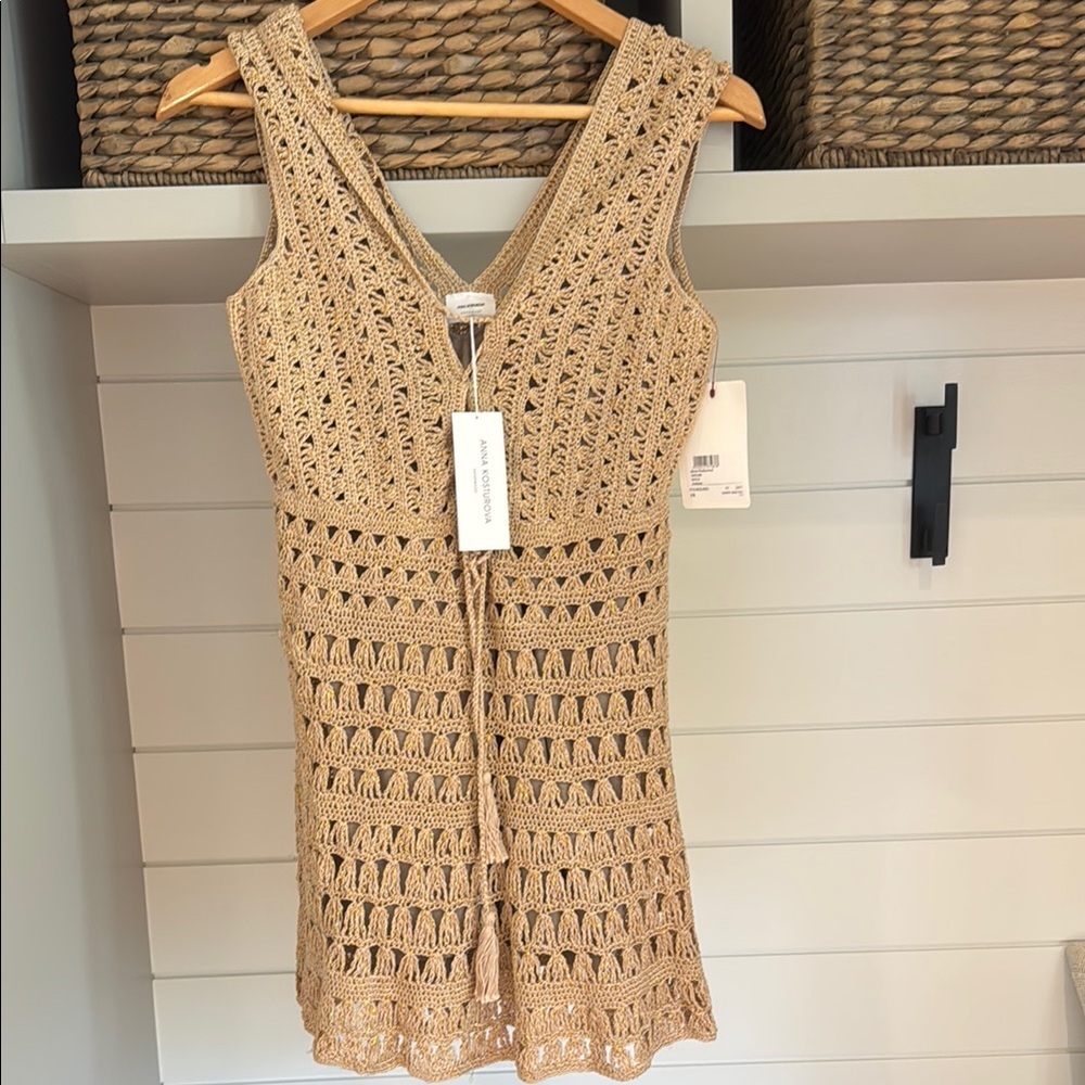 Anna Kosturova Crochet Gold Mini Dress